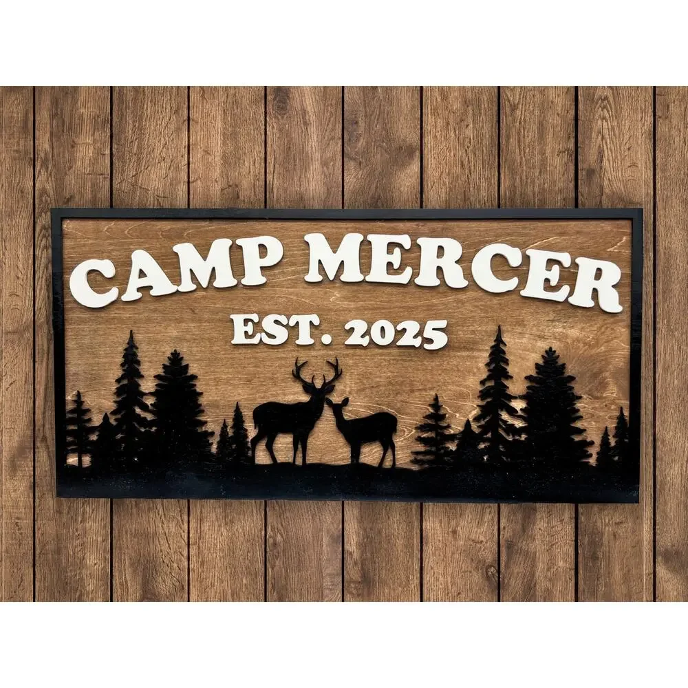 Custom Camp Sign Deer & Trees Personalized Cabin Lake House River Hunting Decor